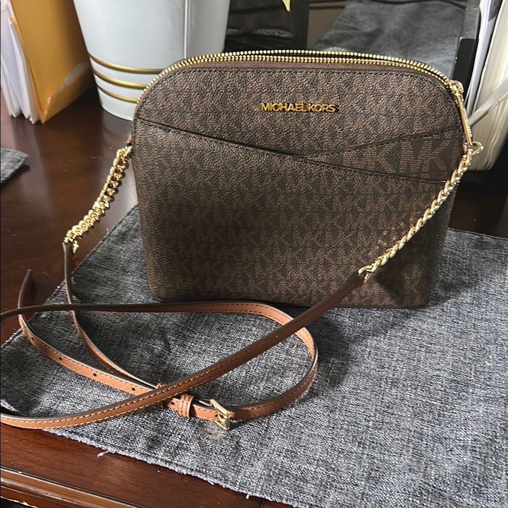 Michael Kors Brown Crossbody Bag with Gold Chain and Leather Strap